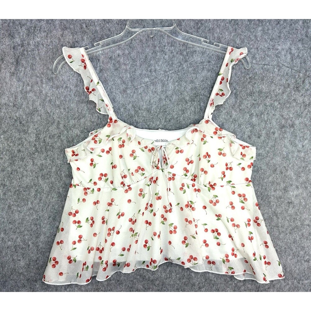 Wild Fable Cami Top Babydoll Cherry Print Ruffle Tie Front Y2K Cottagecore Sz L